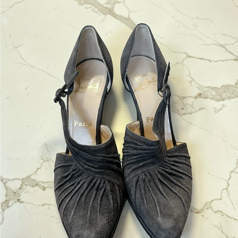 Christian Louboutin Black Suede Ruched T-Strap Pumps